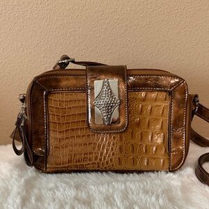 Madi Claire Chic Tan Crocodile Pattern Crossbody Bag